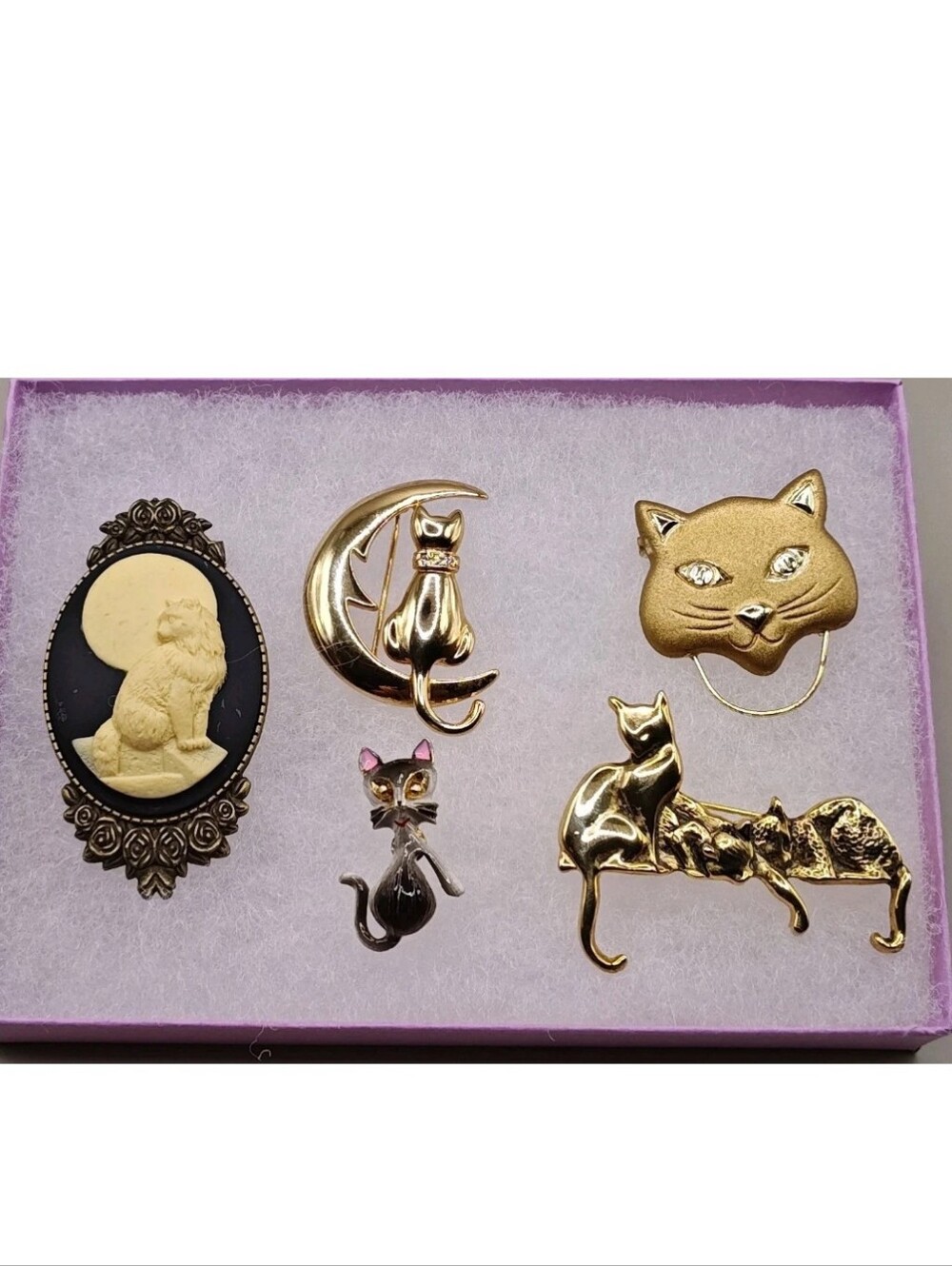 Vintage Witchy Cat Brooches Lot 5 MCM Mini Kitten Cat Moon Hanging Pin Halloween